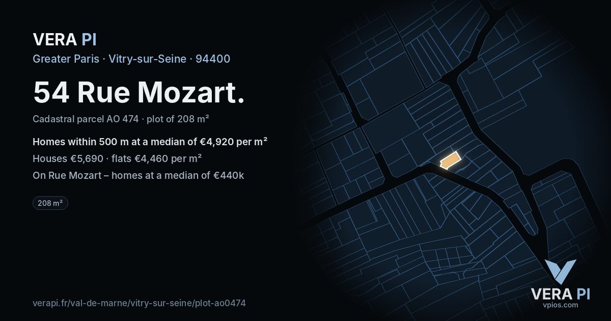 54 Rue Mozart, Vitry-sur-Seine at night – the plot lit, the parcels around coloured by the prices near them