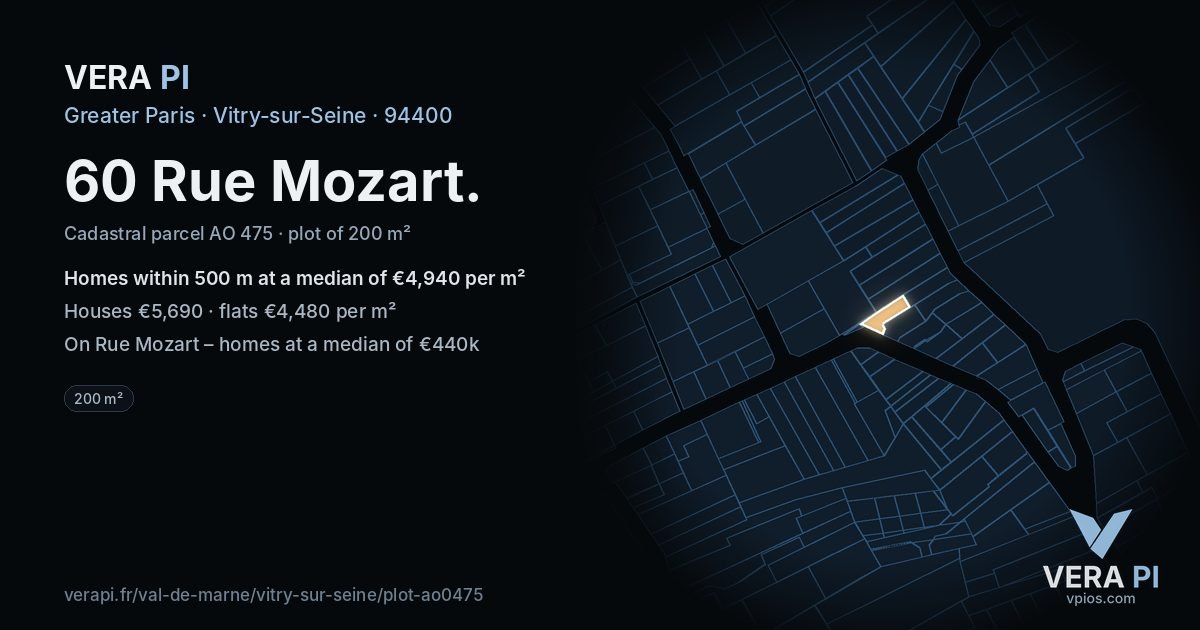 60 Rue Mozart, Vitry-sur-Seine at night – the plot lit, the parcels around coloured by the prices near them