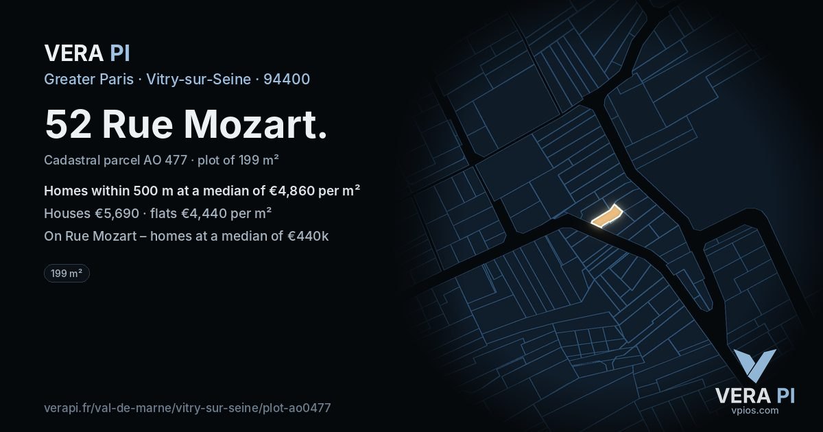 52 Rue Mozart, Vitry-sur-Seine at night – the plot lit, the parcels around coloured by the prices near them