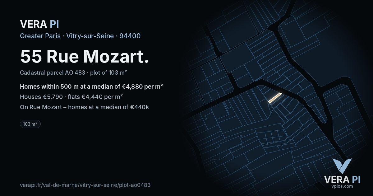 55 Rue Mozart, Vitry-sur-Seine at night – the plot lit, the parcels around coloured by the prices near them