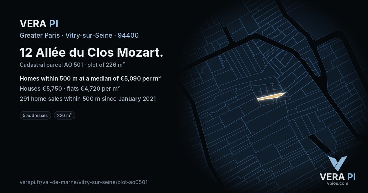 12 Allée du Clos Mozart, Vitry-sur-Seine at night – the plot lit, the parcels around coloured by the prices near them