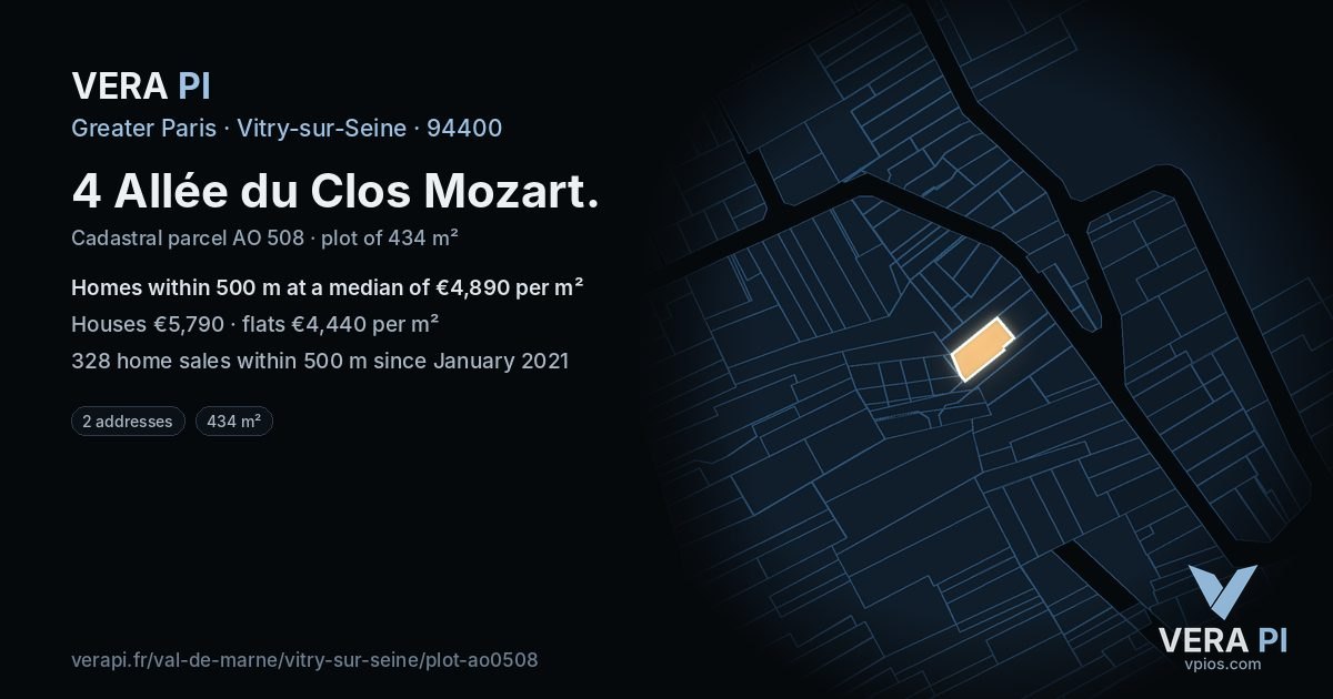 4 Allée du Clos Mozart, Vitry-sur-Seine at night – the plot lit, the parcels around coloured by the prices near them