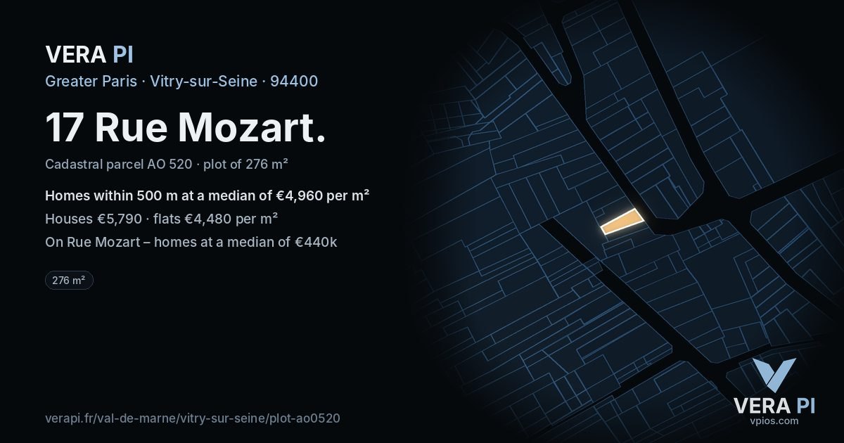 17 Rue Mozart, Vitry-sur-Seine at night – the plot lit, the parcels around coloured by the prices near them
