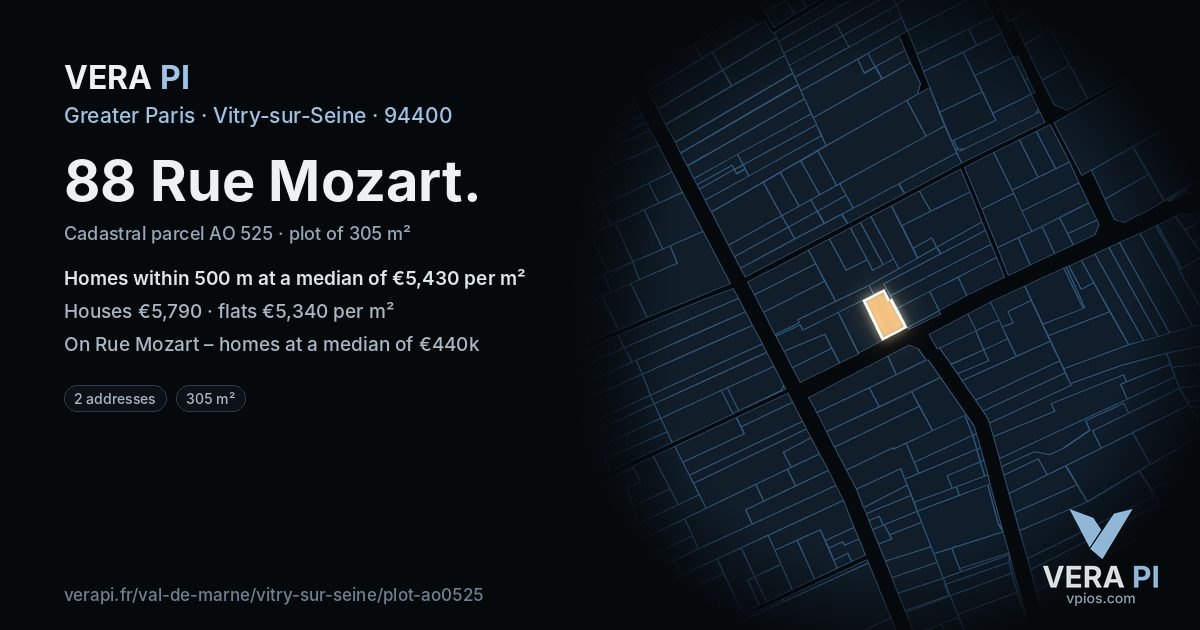 88 Rue Mozart, Vitry-sur-Seine at night – the plot lit, the parcels around coloured by the prices near them