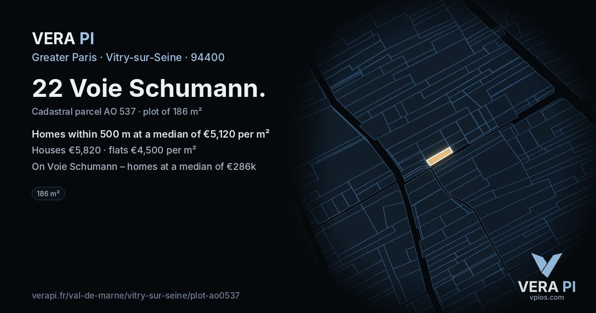 22 Voie Schumann, Vitry-sur-Seine at night – the plot lit, the parcels around coloured by the prices near them