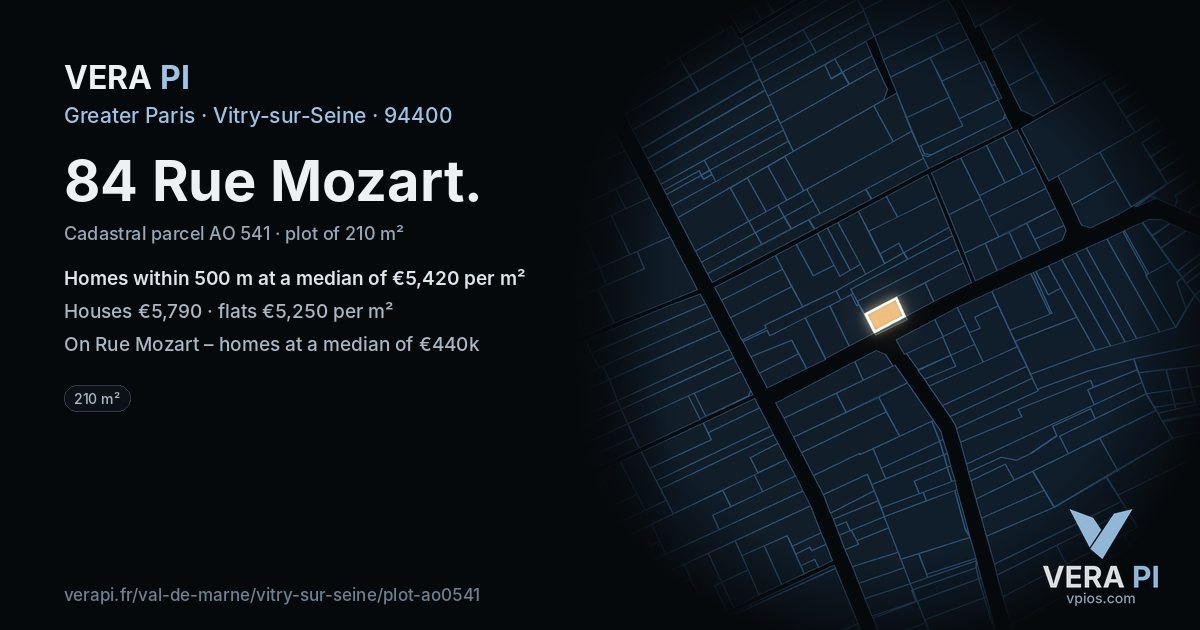 84 Rue Mozart, Vitry-sur-Seine at night – the plot lit, the parcels around coloured by the prices near them