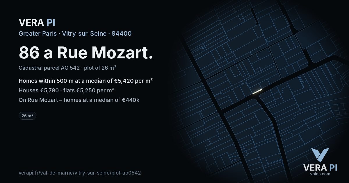 86 a Rue Mozart, Vitry-sur-Seine at night – the plot lit, the parcels around coloured by the prices near them