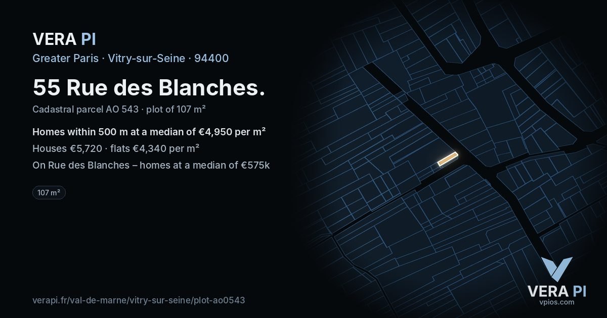 55 Rue des Blanches, Vitry-sur-Seine at night – the plot lit, the parcels around coloured by the prices near them