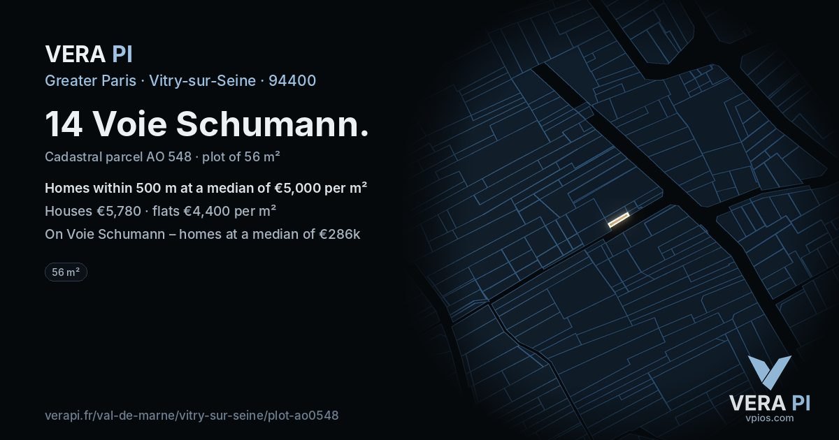 14 Voie Schumann, Vitry-sur-Seine at night – the plot lit, the parcels around coloured by the prices near them
