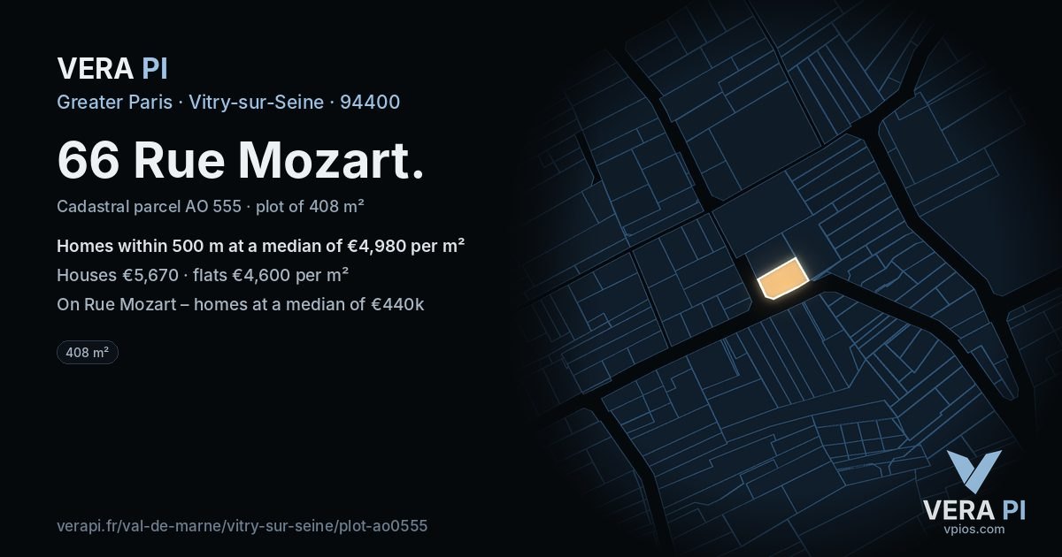 66 Rue Mozart, Vitry-sur-Seine at night – the plot lit, the parcels around coloured by the prices near them