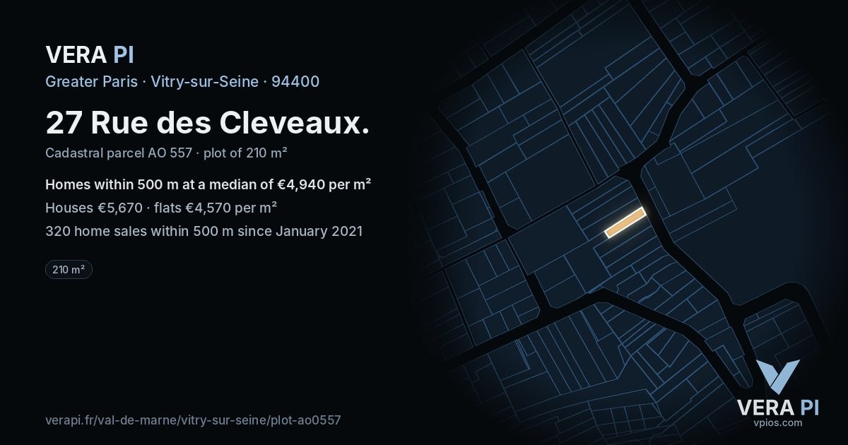 27 Rue des Cleveaux, Vitry-sur-Seine at night – the plot lit, the parcels around coloured by the prices near them