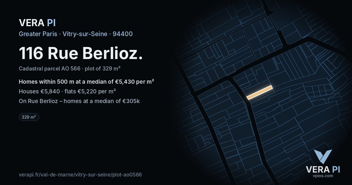 116 Rue Berlioz, Vitry-sur-Seine at night – the plot lit, the parcels around coloured by the prices near them