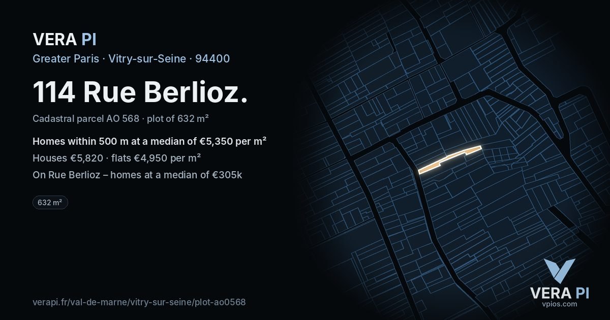 114 Rue Berlioz, Vitry-sur-Seine at night – the plot lit, the parcels around coloured by the prices near them