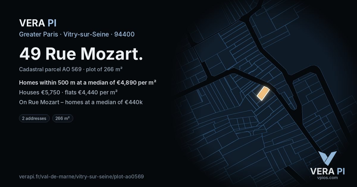 49 Rue Mozart, Vitry-sur-Seine at night – the plot lit, the parcels around coloured by the prices near them