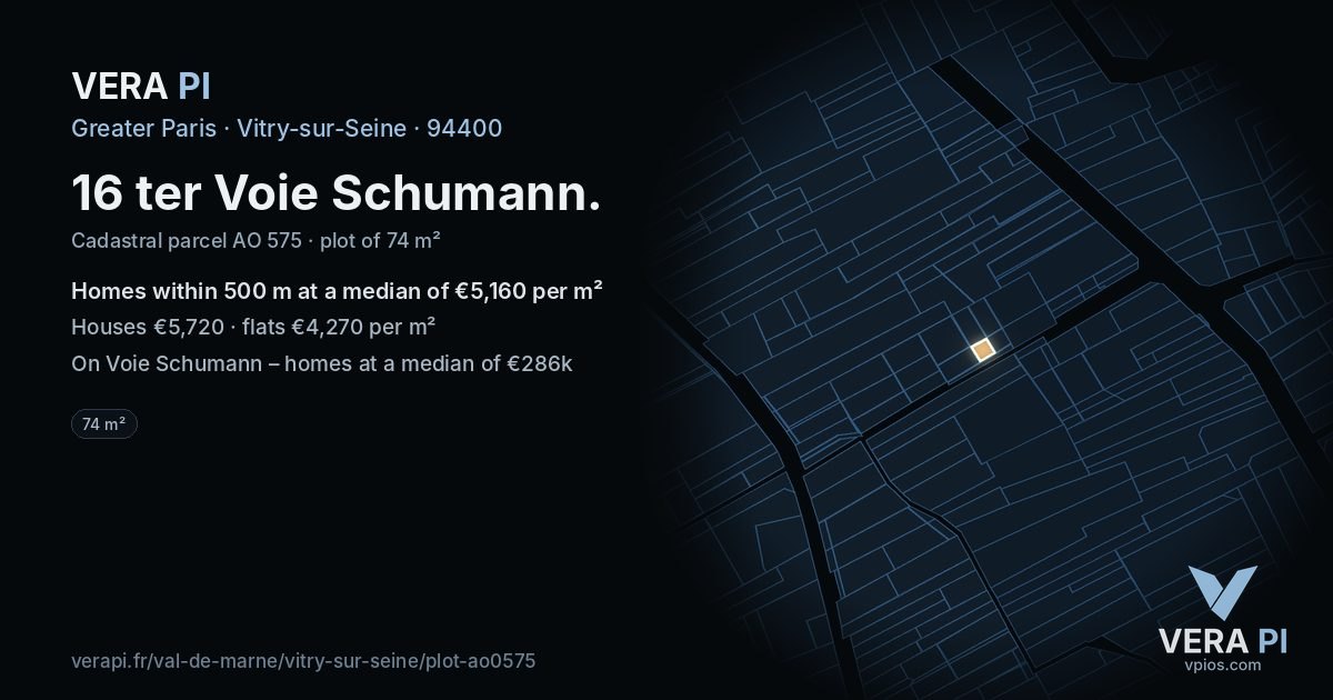 16 ter Voie Schumann, Vitry-sur-Seine at night – the plot lit, the parcels around coloured by the prices near them