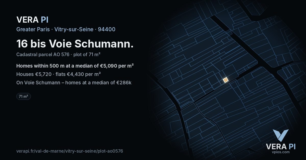 16 bis Voie Schumann, Vitry-sur-Seine at night – the plot lit, the parcels around coloured by the prices near them