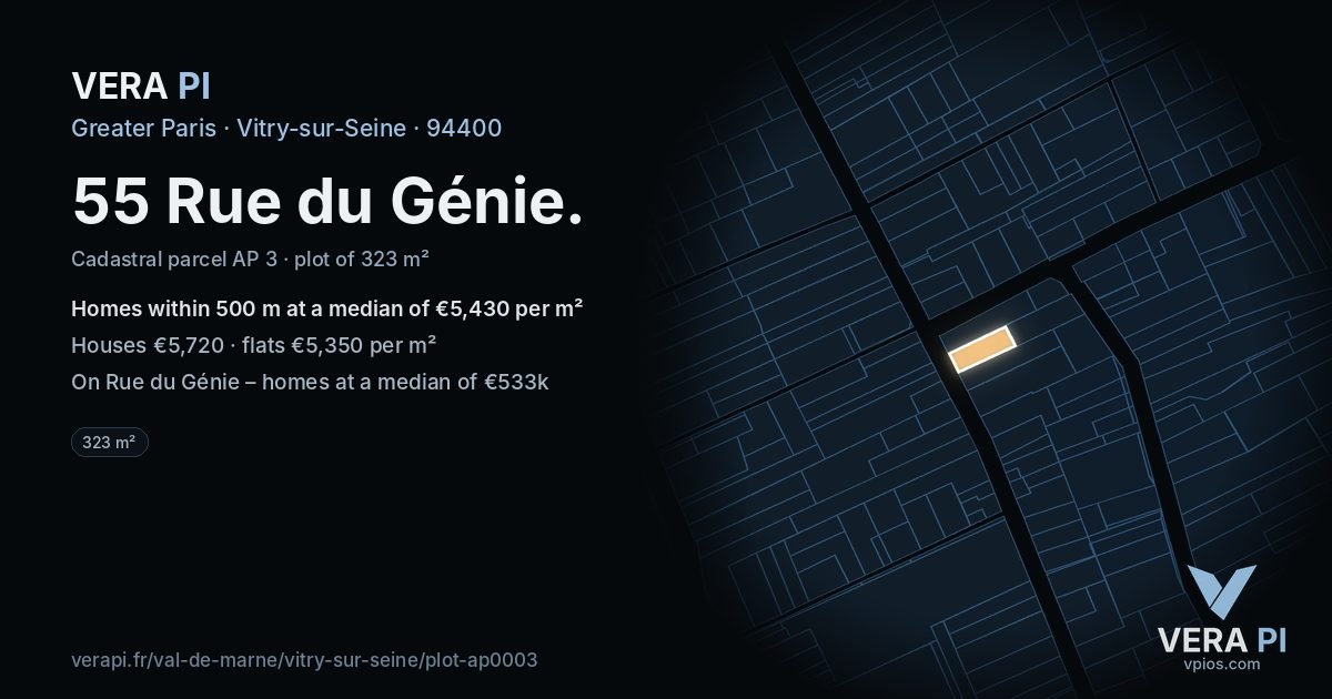 55 Rue du Génie, Vitry-sur-Seine at night – the plot lit, the parcels around coloured by the prices near them