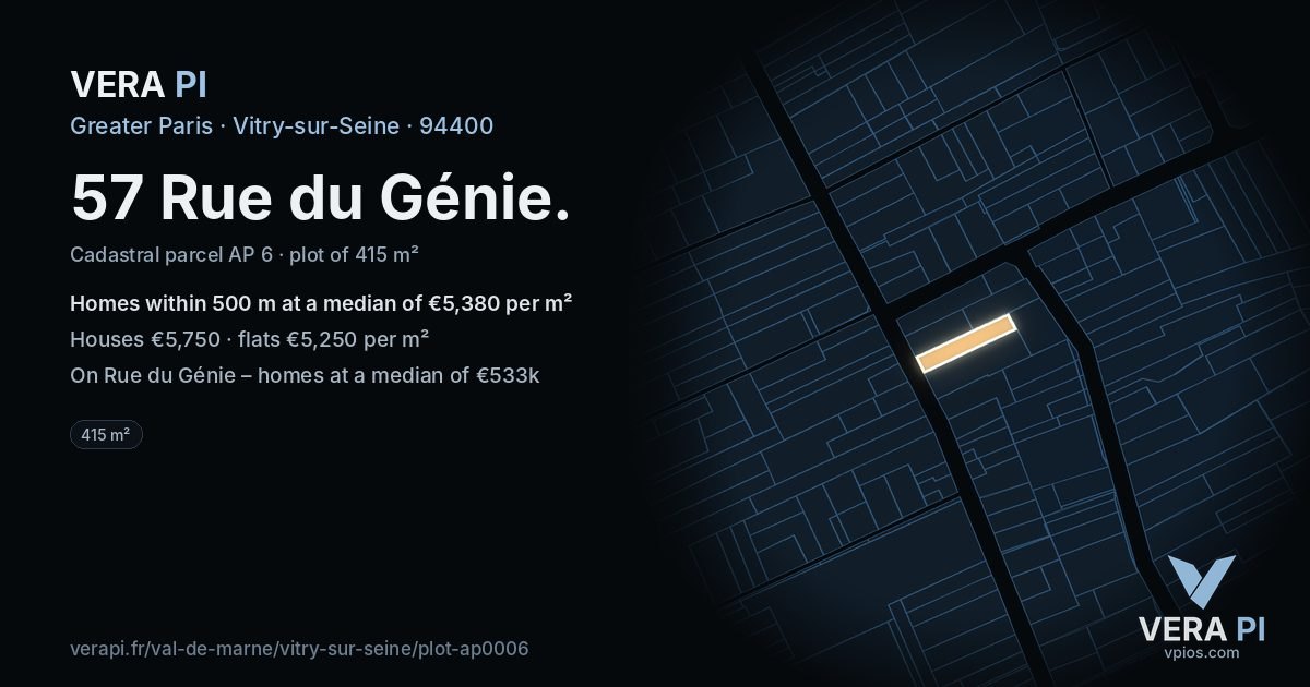 57 Rue du Génie, Vitry-sur-Seine at night – the plot lit, the parcels around coloured by the prices near them