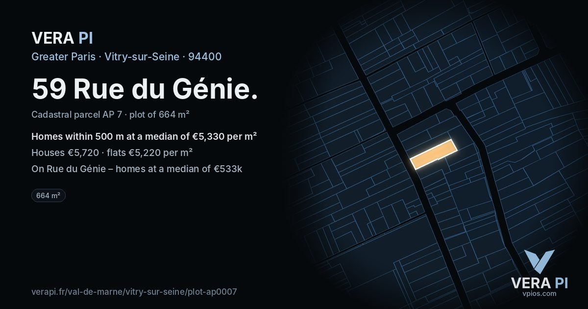 59 Rue du Génie, Vitry-sur-Seine at night – the plot lit, the parcels around coloured by the prices near them