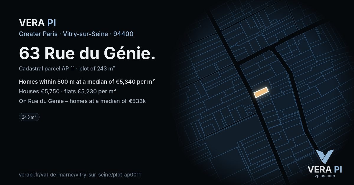 63 Rue du Génie, Vitry-sur-Seine at night – the plot lit, the parcels around coloured by the prices near them