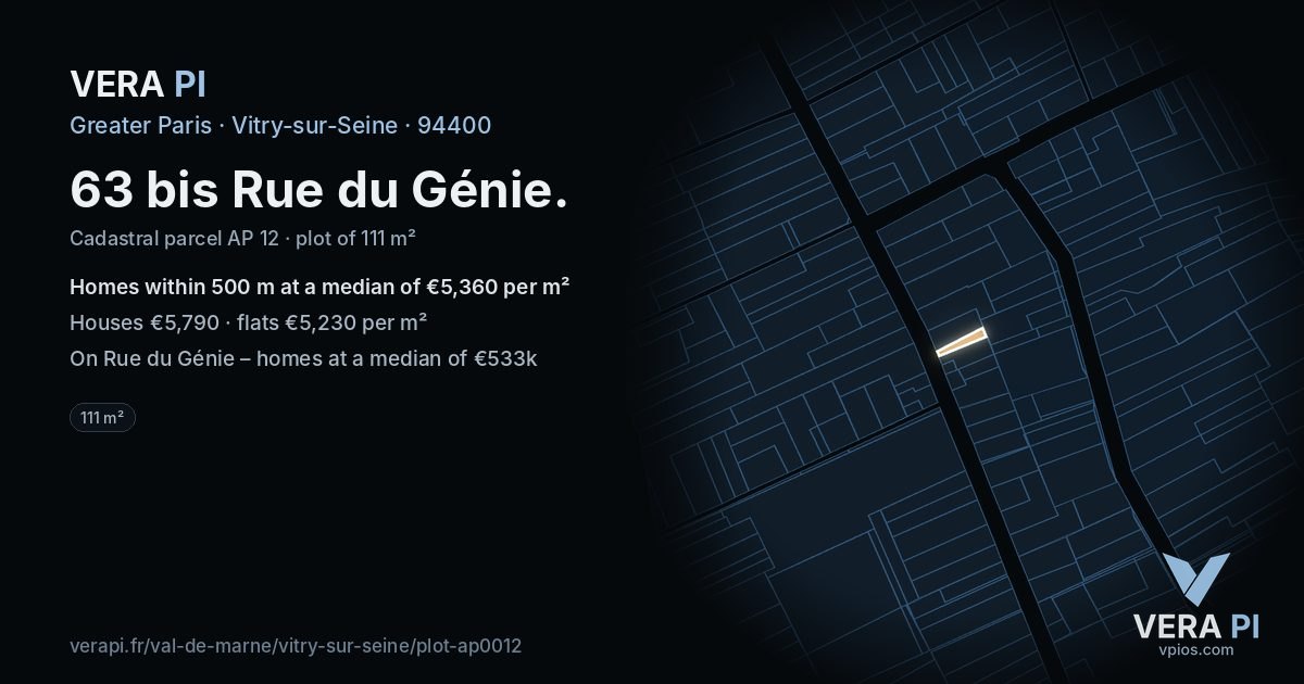 63 bis Rue du Génie, Vitry-sur-Seine at night – the plot lit, the parcels around coloured by the prices near them