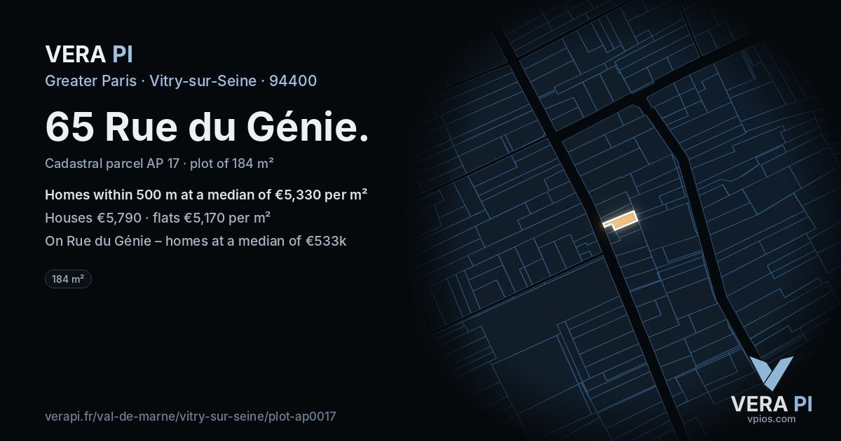 65 Rue du Génie, Vitry-sur-Seine at night – the plot lit, the parcels around coloured by the prices near them