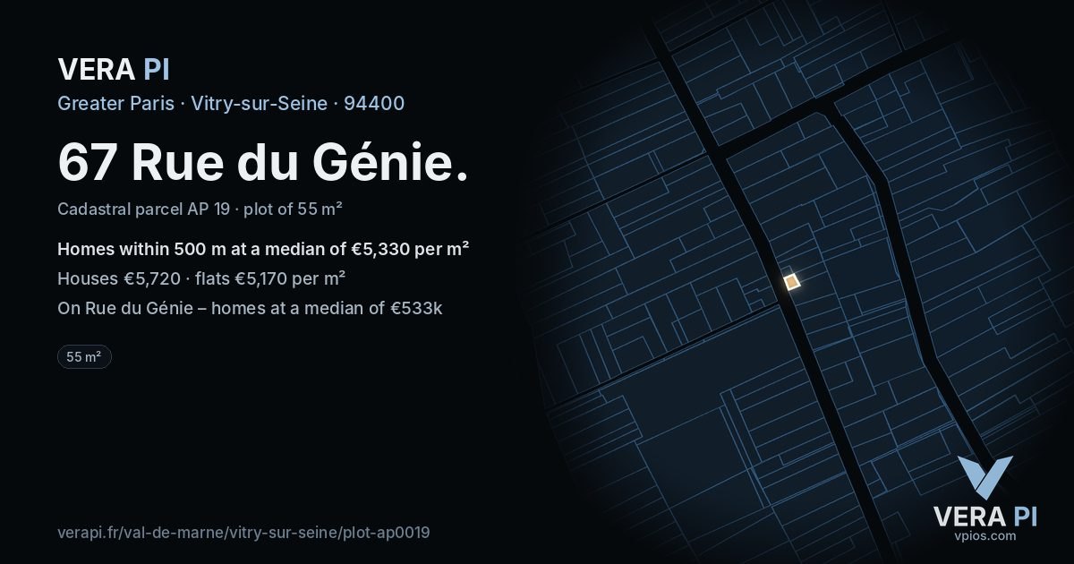 67 Rue du Génie, Vitry-sur-Seine at night – the plot lit, the parcels around coloured by the prices near them