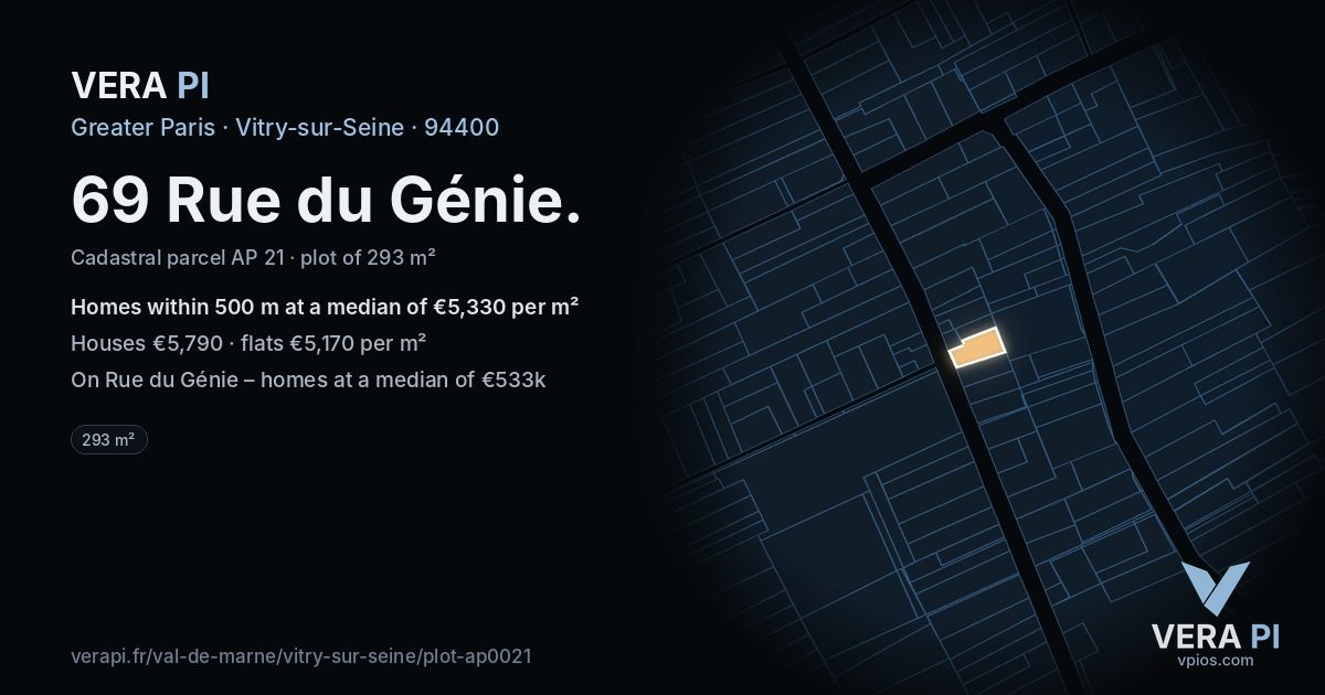 69 Rue du Génie, Vitry-sur-Seine at night – the plot lit, the parcels around coloured by the prices near them