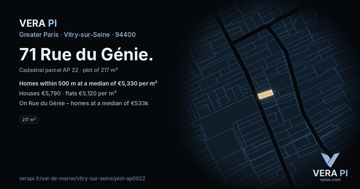71 Rue du Génie, Vitry-sur-Seine at night – the plot lit, the parcels around coloured by the prices near them