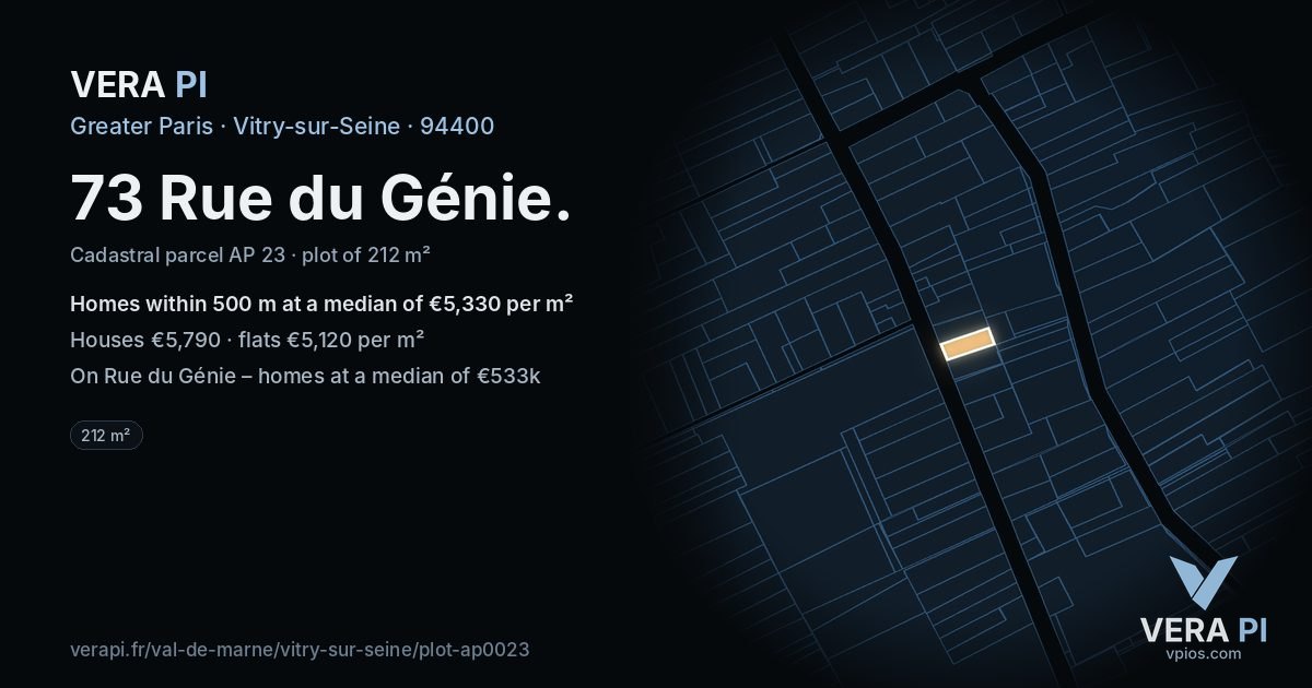 73 Rue du Génie, Vitry-sur-Seine at night – the plot lit, the parcels around coloured by the prices near them