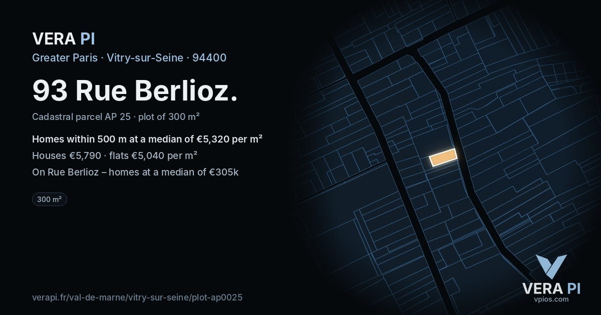 93 Rue Berlioz, Vitry-sur-Seine at night – the plot lit, the parcels around coloured by the prices near them