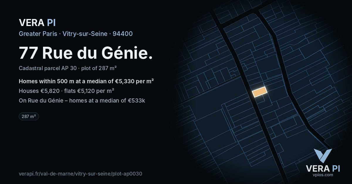 77 Rue du Génie, Vitry-sur-Seine at night – the plot lit, the parcels around coloured by the prices near them