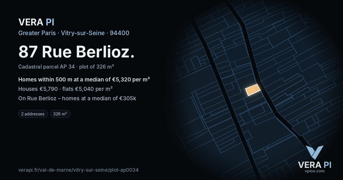 87 Rue Berlioz, Vitry-sur-Seine at night – the plot lit, the parcels around coloured by the prices near them