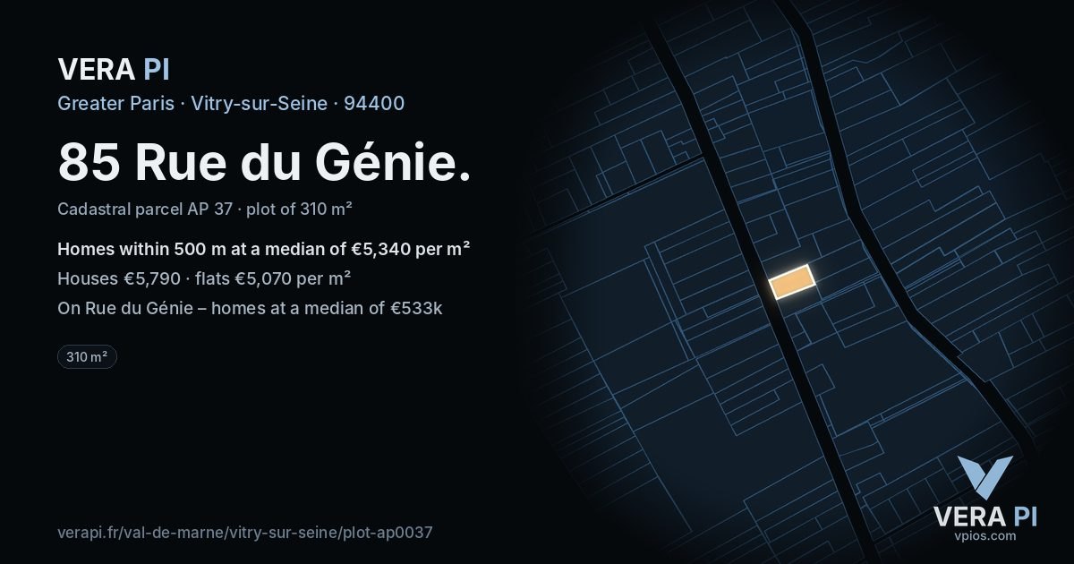 85 Rue du Génie, Vitry-sur-Seine at night – the plot lit, the parcels around coloured by the prices near them