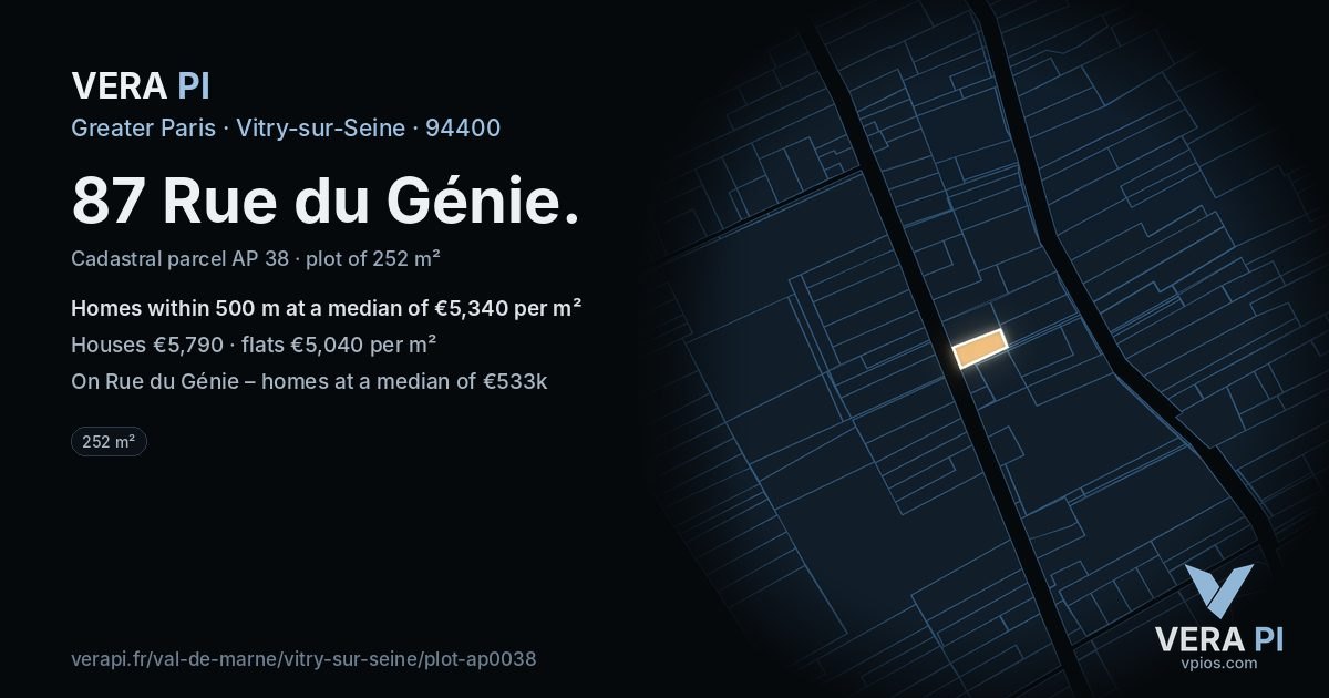87 Rue du Génie, Vitry-sur-Seine at night – the plot lit, the parcels around coloured by the prices near them