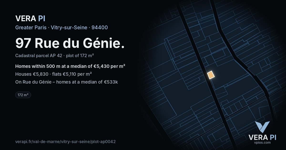 97 Rue du Génie, Vitry-sur-Seine at night – the plot lit, the parcels around coloured by the prices near them