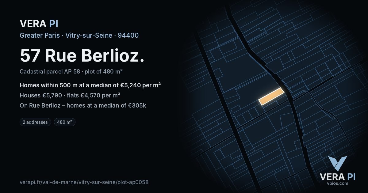 57 Rue Berlioz, Vitry-sur-Seine at night – the plot lit, the parcels around coloured by the prices near them