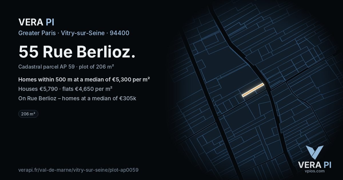 55 Rue Berlioz, Vitry-sur-Seine at night – the plot lit, the parcels around coloured by the prices near them