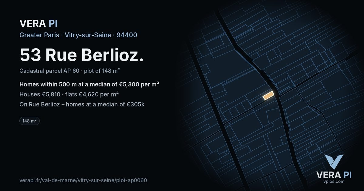 53 Rue Berlioz, Vitry-sur-Seine at night – the plot lit, the parcels around coloured by the prices near them