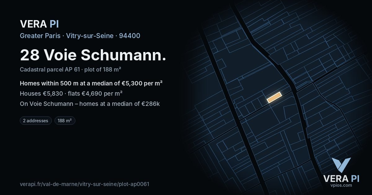 28 Voie Schumann, Vitry-sur-Seine at night – the plot lit, the parcels around coloured by the prices near them