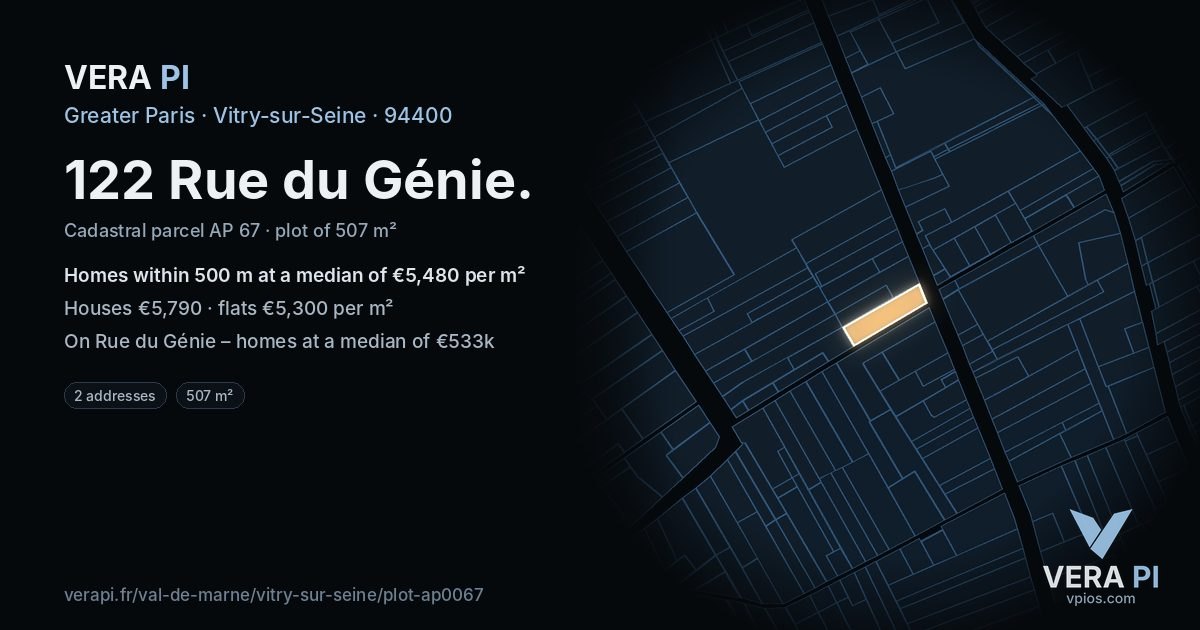 122 Rue du Génie, Vitry-sur-Seine at night – the plot lit, the parcels around coloured by the prices near them
