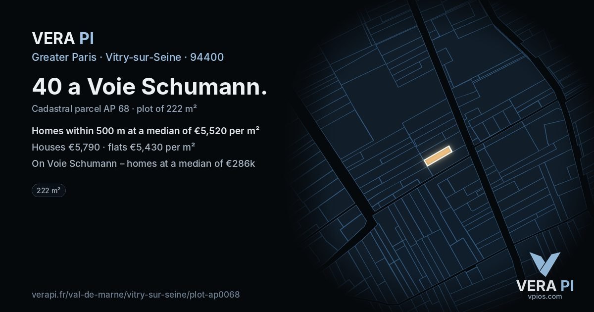 40 a Voie Schumann, Vitry-sur-Seine at night – the plot lit, the parcels around coloured by the prices near them