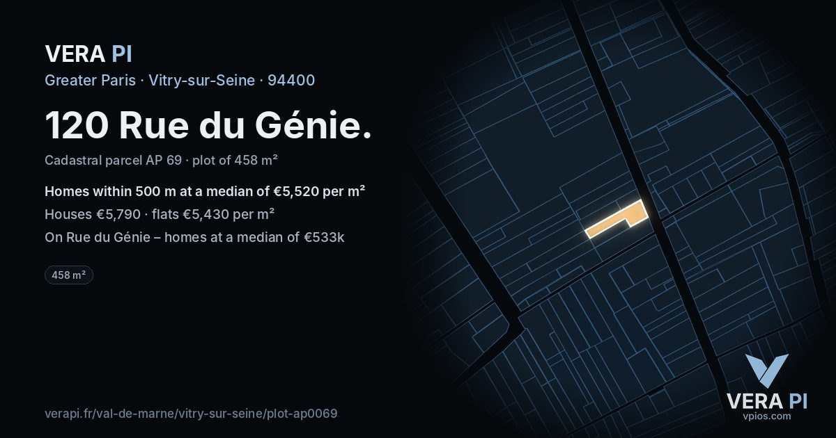 120 Rue du Génie, Vitry-sur-Seine at night – the plot lit, the parcels around coloured by the prices near them
