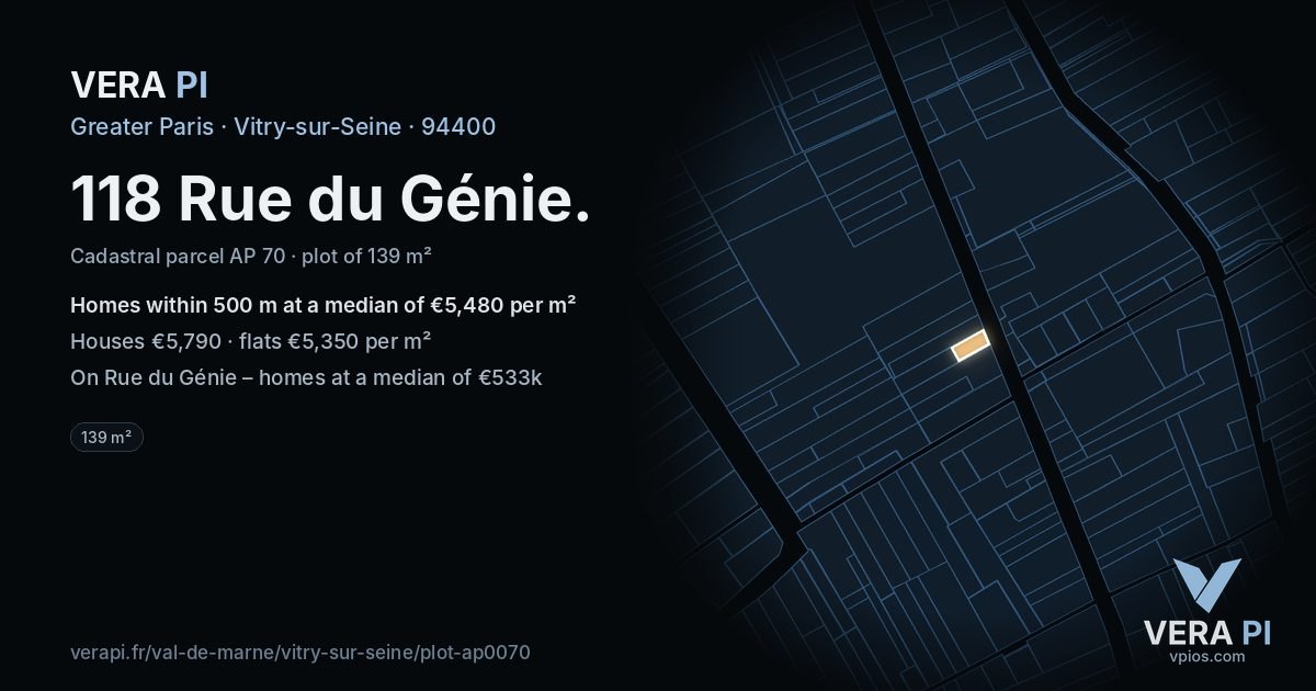 118 Rue du Génie, Vitry-sur-Seine at night – the plot lit, the parcels around coloured by the prices near them