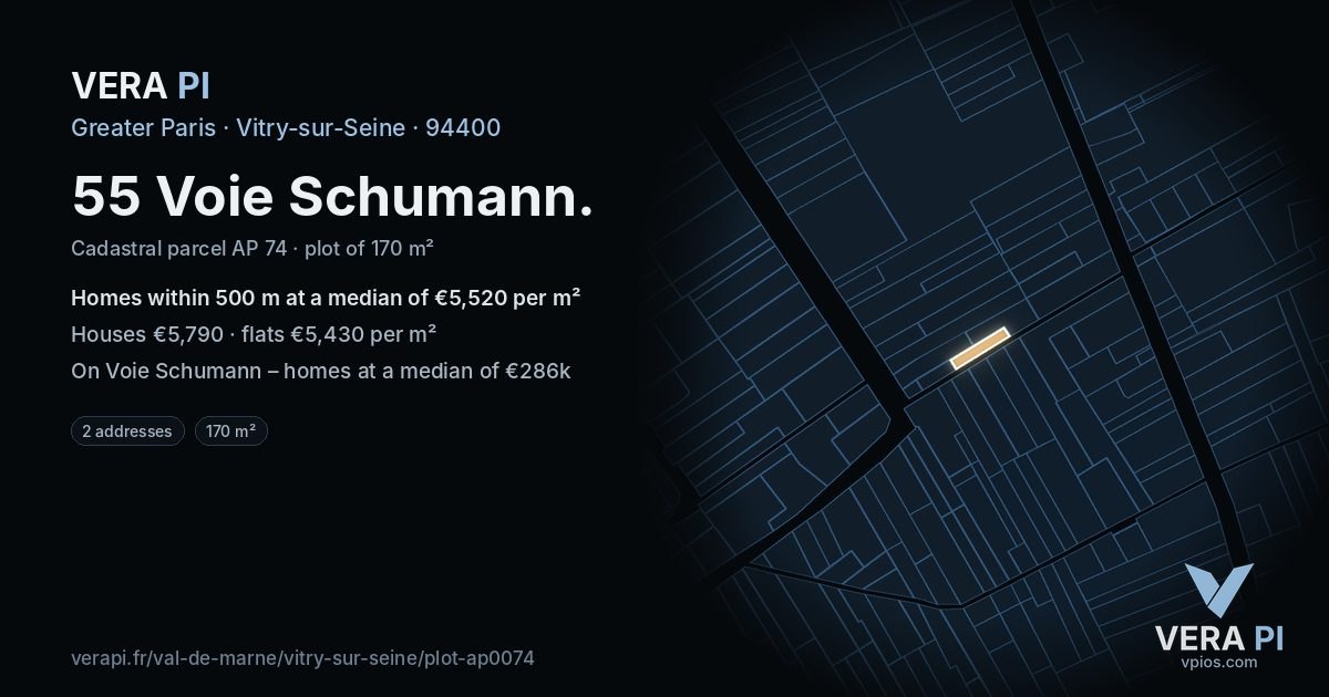 55 Voie Schumann, Vitry-sur-Seine at night – the plot lit, the parcels around coloured by the prices near them