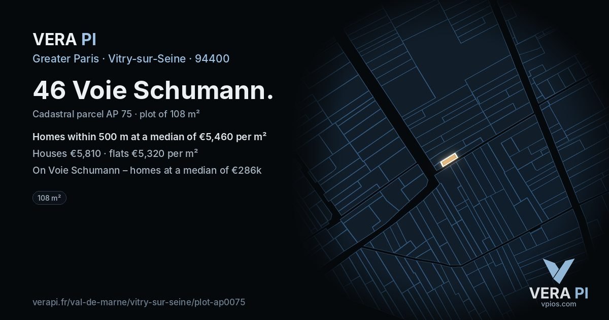 46 Voie Schumann, Vitry-sur-Seine at night – the plot lit, the parcels around coloured by the prices near them