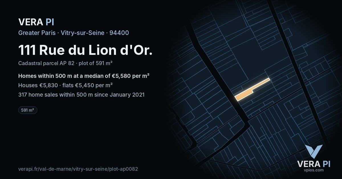 111 Rue du Lion d'Or, Vitry-sur-Seine at night – the plot lit, the parcels around coloured by the prices near them