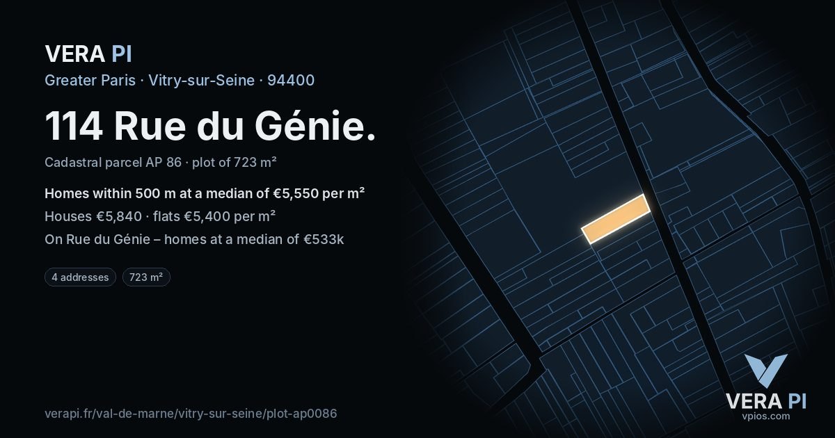 114 Rue du Génie, Vitry-sur-Seine at night – the plot lit, the parcels around coloured by the prices near them