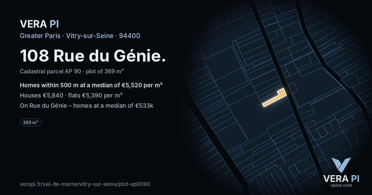 108 Rue du Génie, Vitry-sur-Seine at night – the plot lit, the parcels around coloured by the prices near them