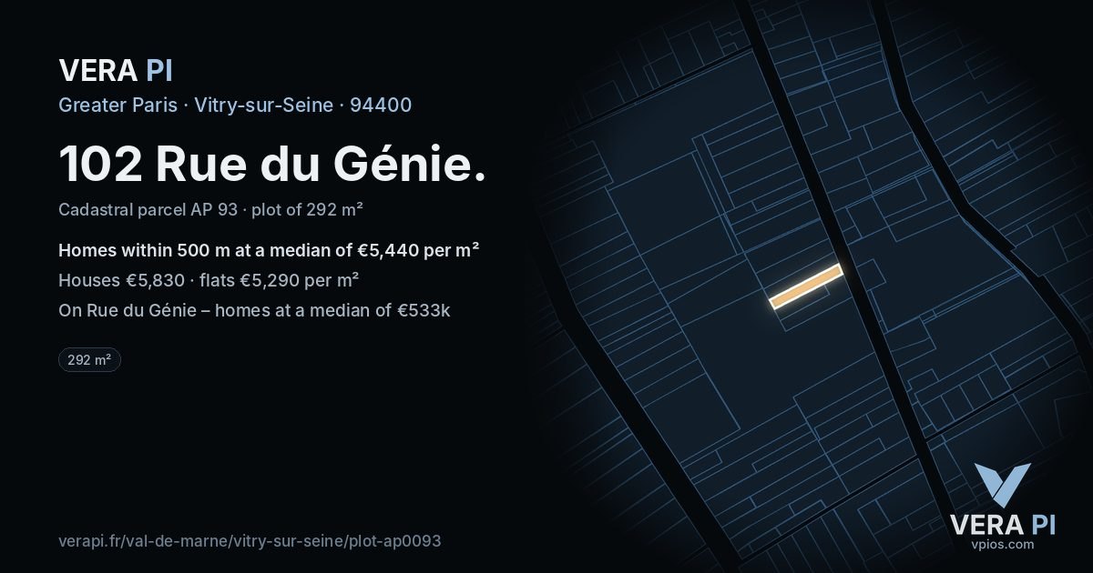 102 Rue du Génie, Vitry-sur-Seine at night – the plot lit, the parcels around coloured by the prices near them